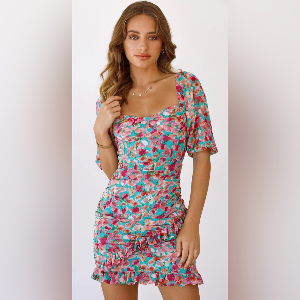 Hello Molly Floral Mini Dress in Pink and Teal